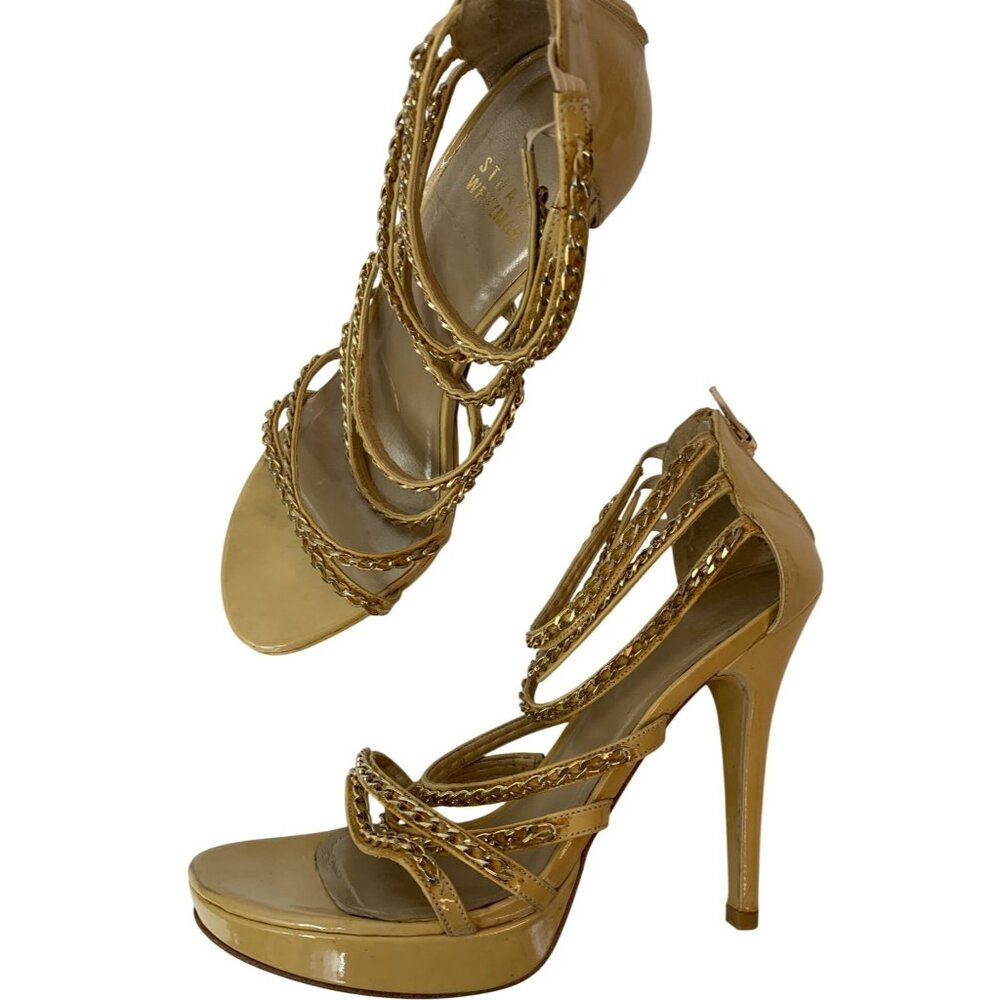 Stuart Weitzman Gold Leather Chain Strap Stiletto Sandals 7.5B  J10073 platform